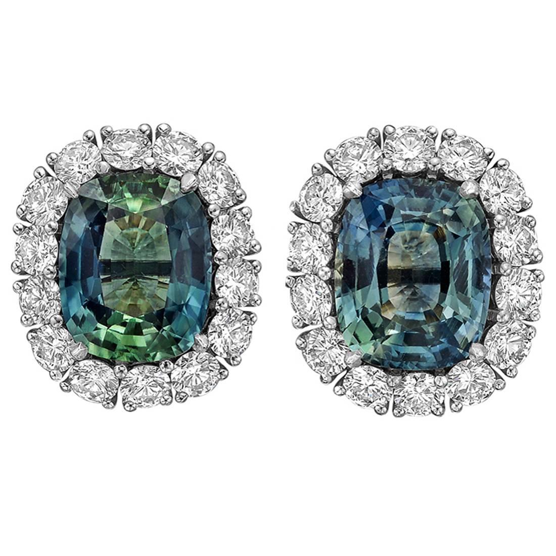 Greenish-Blue Sapphire Diamond Cluster Earrings