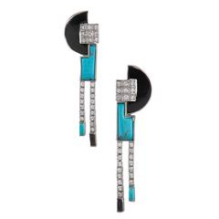 Mid-Century Turquoise, Onyx 
Diamond Earrings