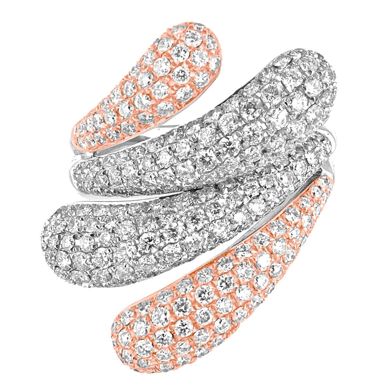 3.28 Carats Diamond Pave Two Tone Gold Bypass Ring For Sale