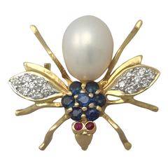 0.14Ct Diamond, Pearl, Sapphire & Ruby, 18k Yellow Gold Insect Brooch - Vintage