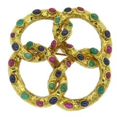 French Large Sapphire Emerald Ruby Gold Brooch Pendant