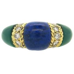 1970s Chalcedony Lapis Diamond Gold Ring