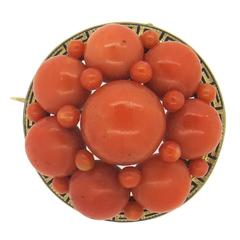Antique Victorian Gold Coral Etruscan Pattern Brooch 