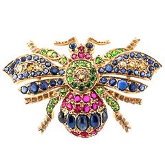 Vintage Demantoid Garnet Ruby Sapphire Diamond Gold Bee Brooch