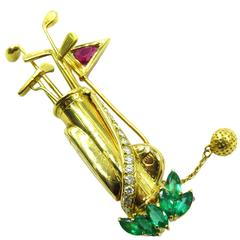 Superb Emerald Ruby Diamond Gold Golf Bag With Movable Clubs Flag Ball Brooch