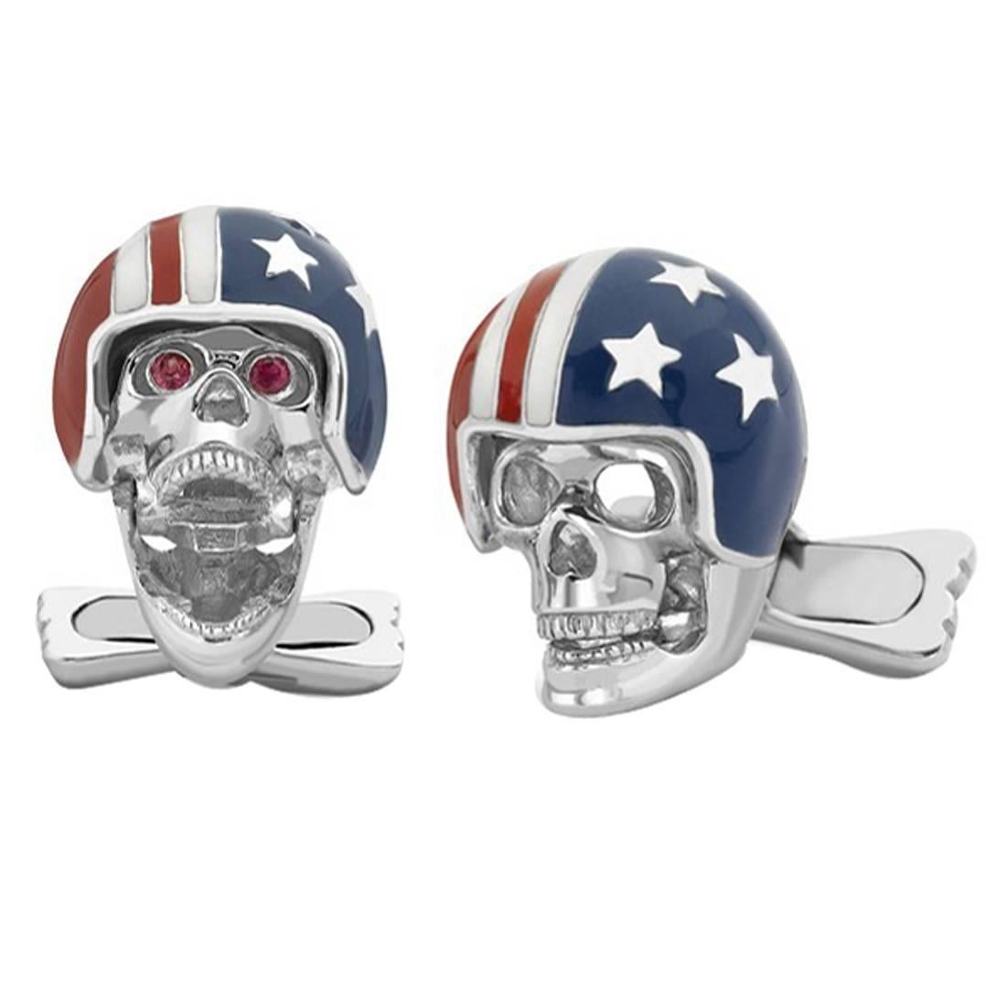 Deakin & Francis Ruby Silver American Helmet Biker Skull Cufflinks  For Sale