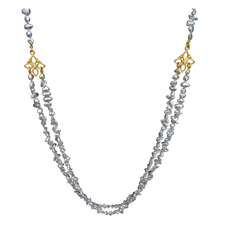 Denise Betesh Blue Silver Keshi Pearl Double Strand Diamond Gold