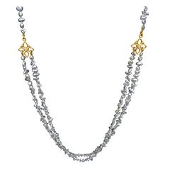 Denise Betesh Blue Silver Keshi Pearl Double Strand Diamond Gold Necklace