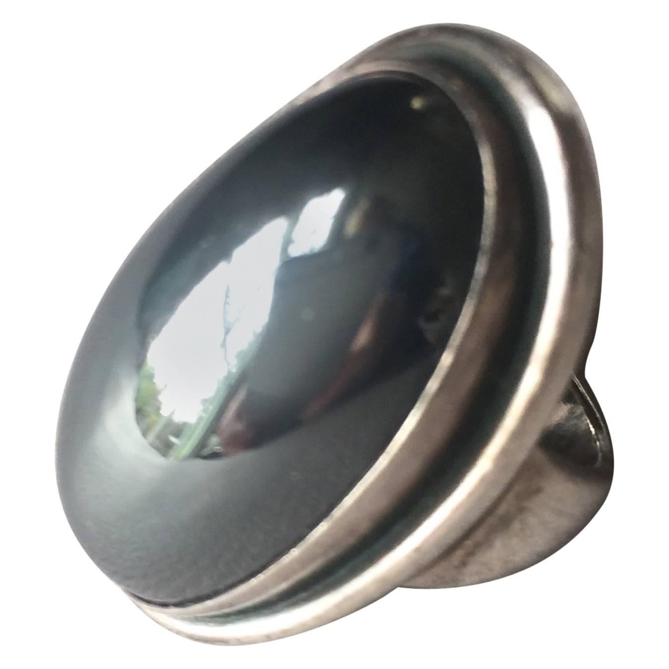 Georg Jensen Ring No. 46E with Hematite Cabochon by Harald Nielsen (Size 7) For Sale