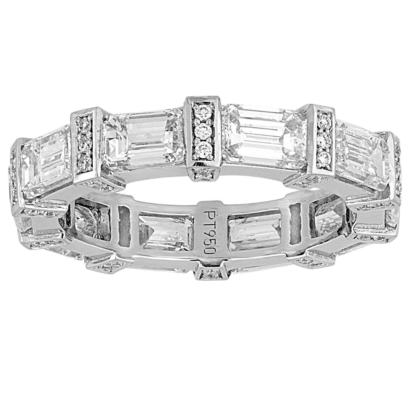 4.39 Carats Diamond Emerald Cut Platinum Eternity Band Ring For Sale