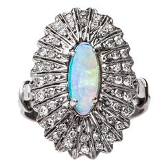 Vintage Bold Late Art Deco Opal Cocktail Ring with Fan Shaped Diamond Halo 