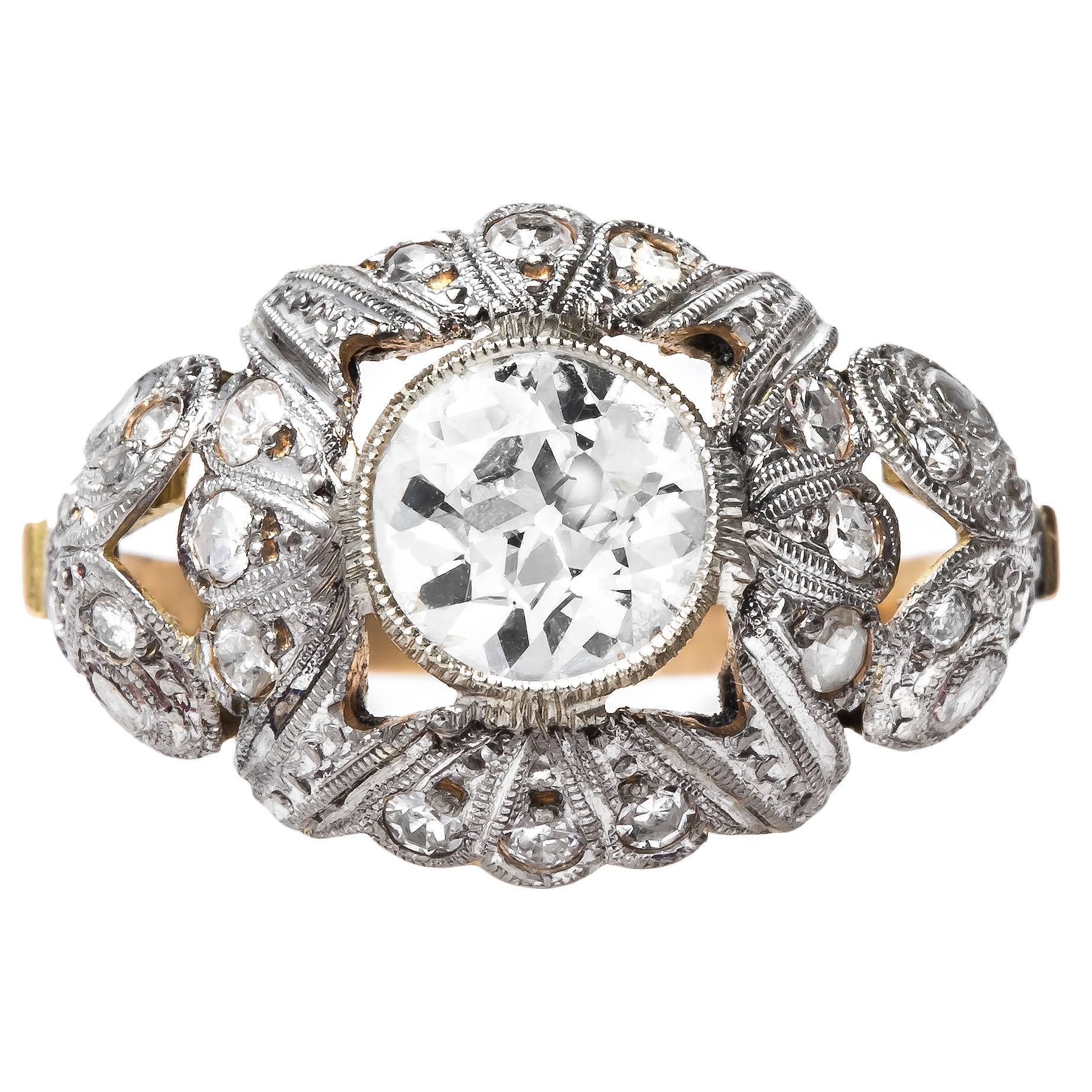 Art Nouveau diamond gold platinum Engagement Ring  For Sale