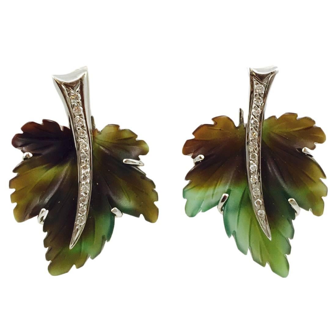Agate Diamond gold Leaf Earrings For Sale