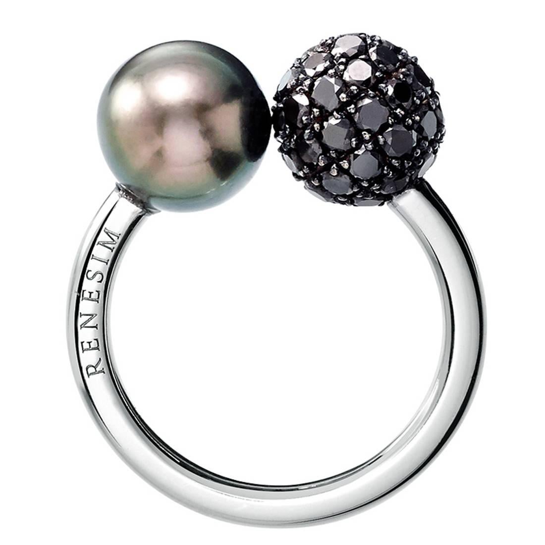 Renesim Tahitian Pearl & Black Diamond Pave Sphere Ring For Sale