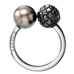 Renesim Tahitian Pearl & Black Diamond Pave Sphere Ring