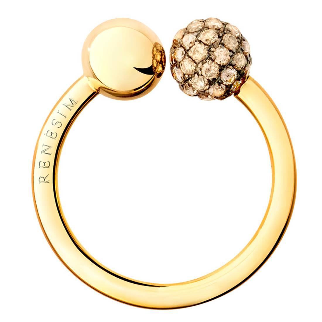 Renesim Champagne Diamond Pave Sphere Gold Ring For Sale