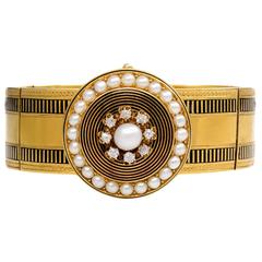 French Antique Enamel, Pearl, Diamond, and Gold Bracelet