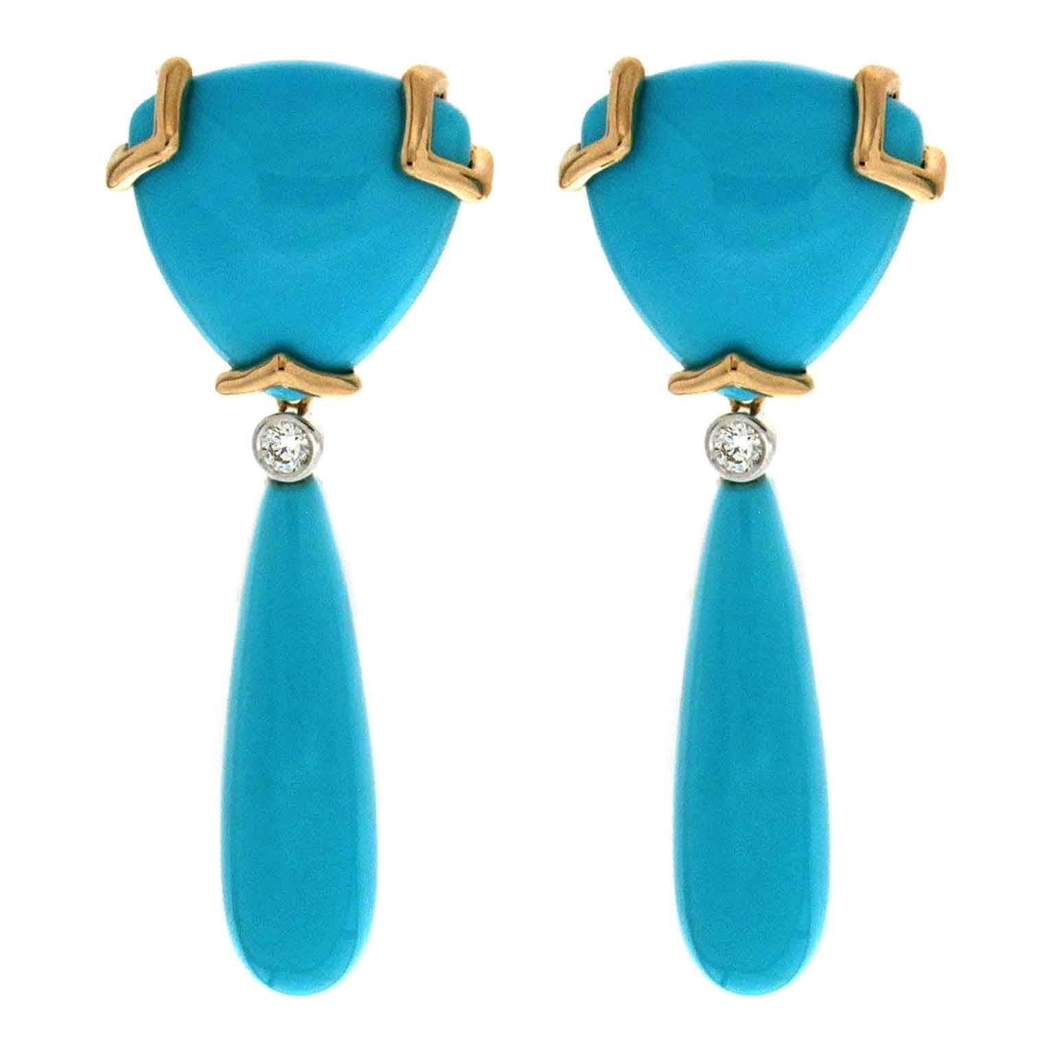 Special Cut Turquoise Diamond Gold Drop Earrings