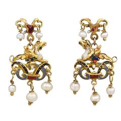 17th Century Enamel Pearl Gold Earrings