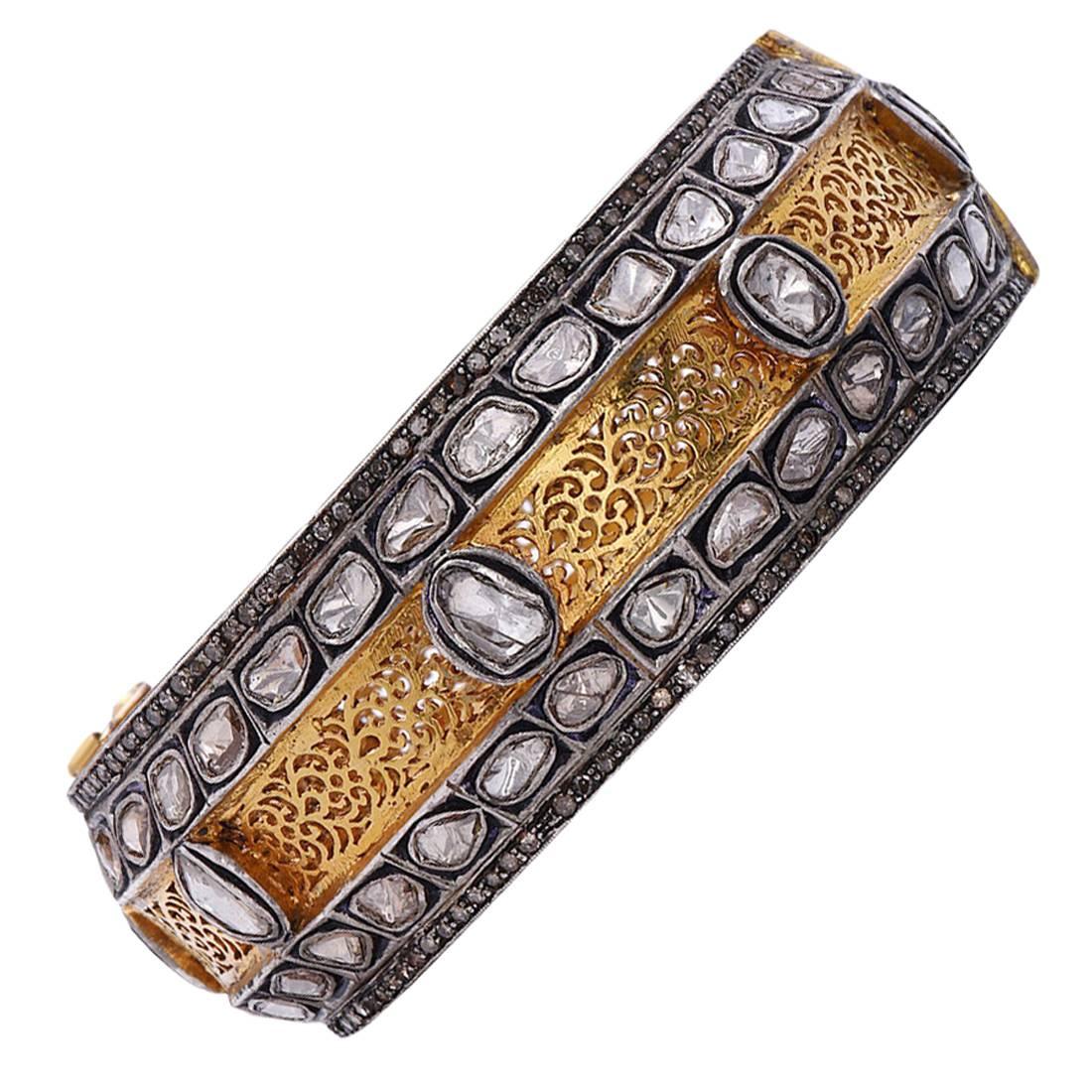 Stunningm Bangle with Rose Cut Diamonds in Gold and Silver