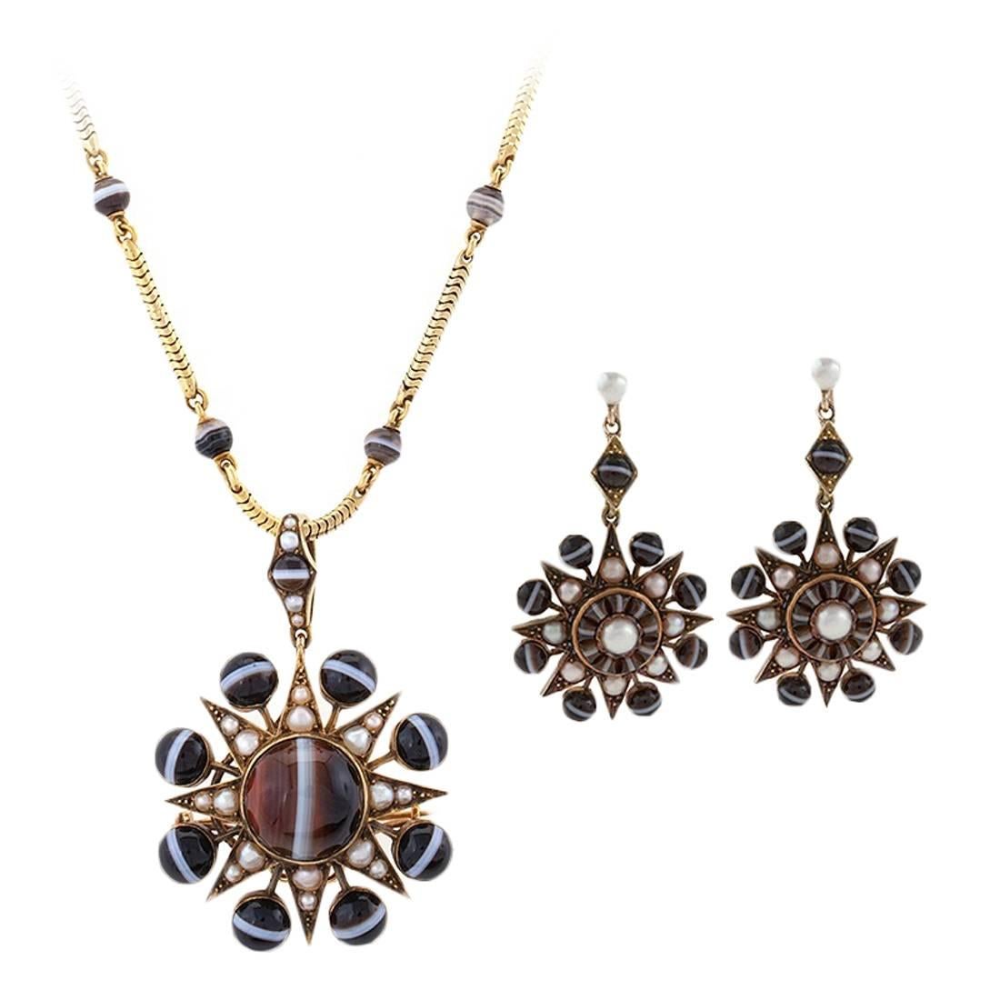 Victorian Demi-Parure of Banded Agate and Pearl
