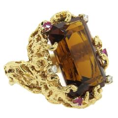 1970s Large Citrine Diamond Ruby Gold Free Form Ring 