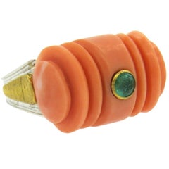 Impressive Buccellati Carved Coral Emerald Gold Ring 