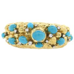Beautiful 1970s Turquoise Diamond Gold Cuff Bracelet 