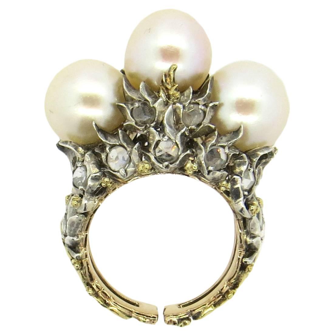 Impressive Buccellati Rose Cut Diamond Pearl Gold Ring 