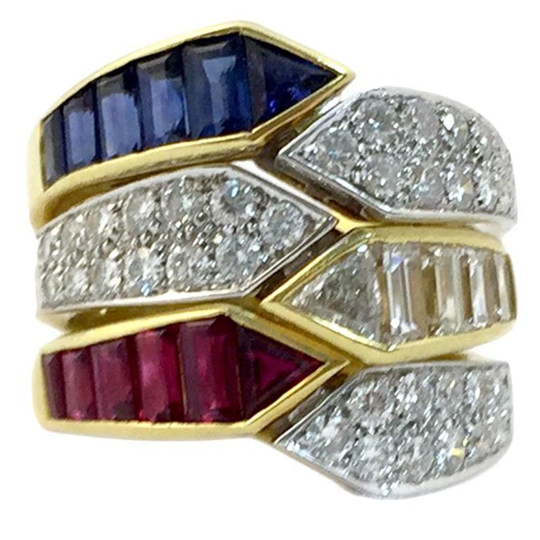 Triple Sapphire Ruby Diamond gold Ring Combination For Sale at 1stDibs