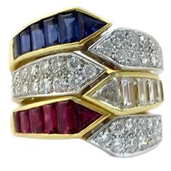 Triple Sapphire Ruby Diamond gold Ring Combination 