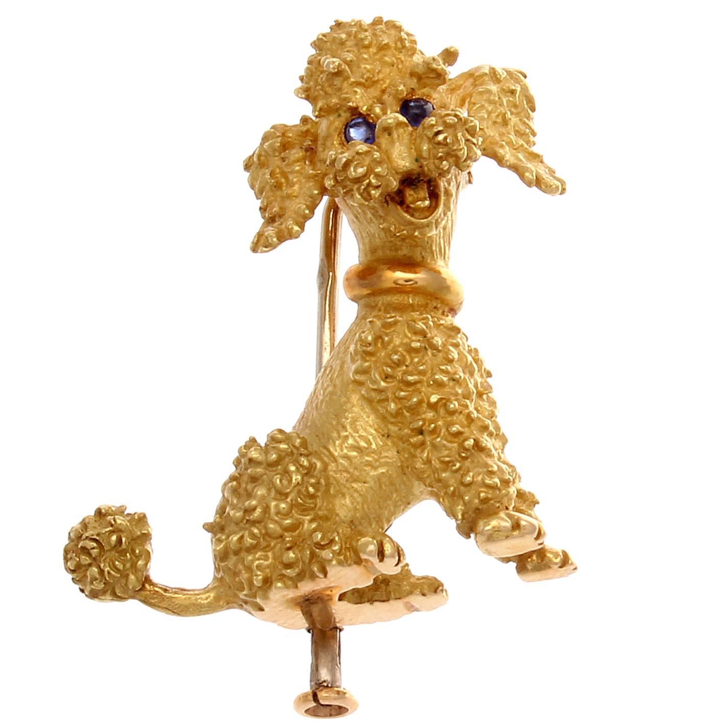 French Sapphire Gold Poodle Brooch