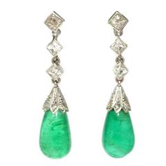 Antique Art Deco emerald diamond platinum drop earrings 