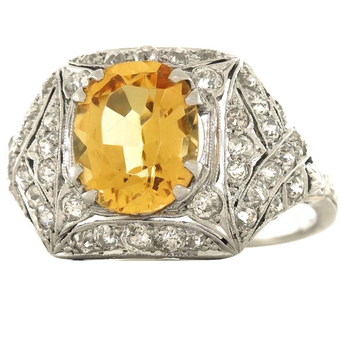 Art Deco Natural Topaz Diamond Platinum Ring 