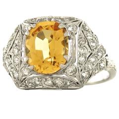 Antique Art Deco Natural Topaz Diamond Platinum Ring 