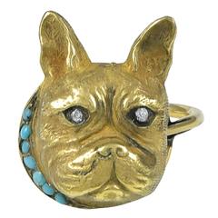 Antique Turquoise Diamond Gold French Bulldog Ring