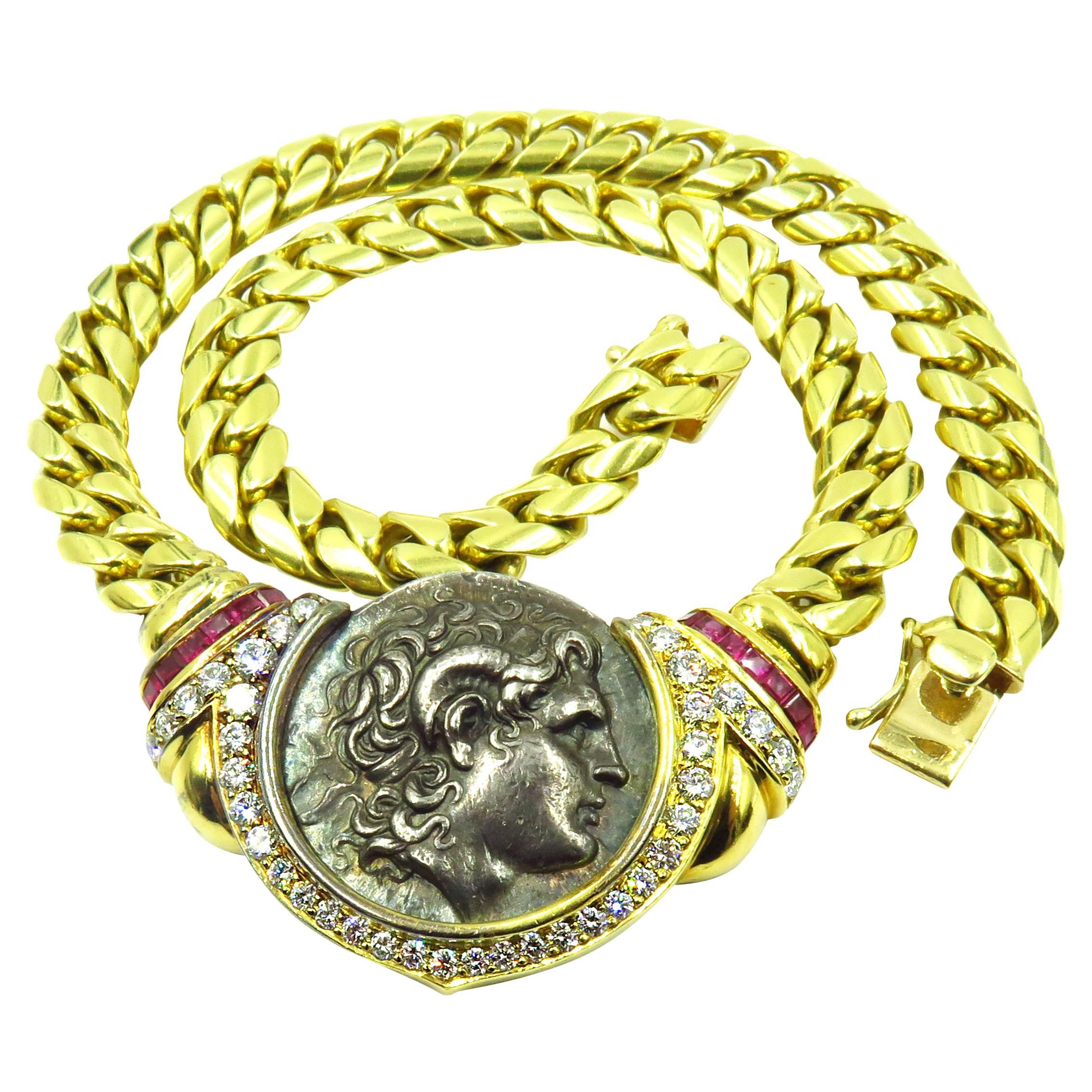 Stunning Ruby Diamond Gold Ancient Greek Alexander the Great Coin Necklace