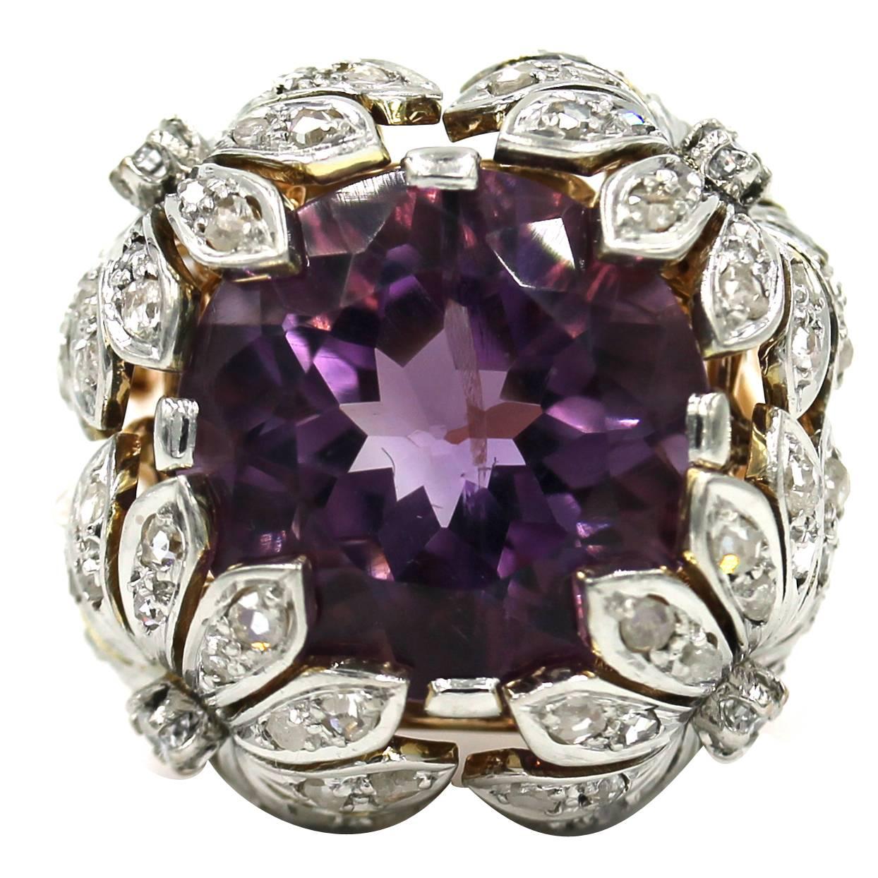 1960s Amethyst Diamond Gold Floral Design Ring 