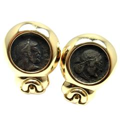 Vintage Bulgari Ancient Roman Coin Hoop Yellow Gold Earrings