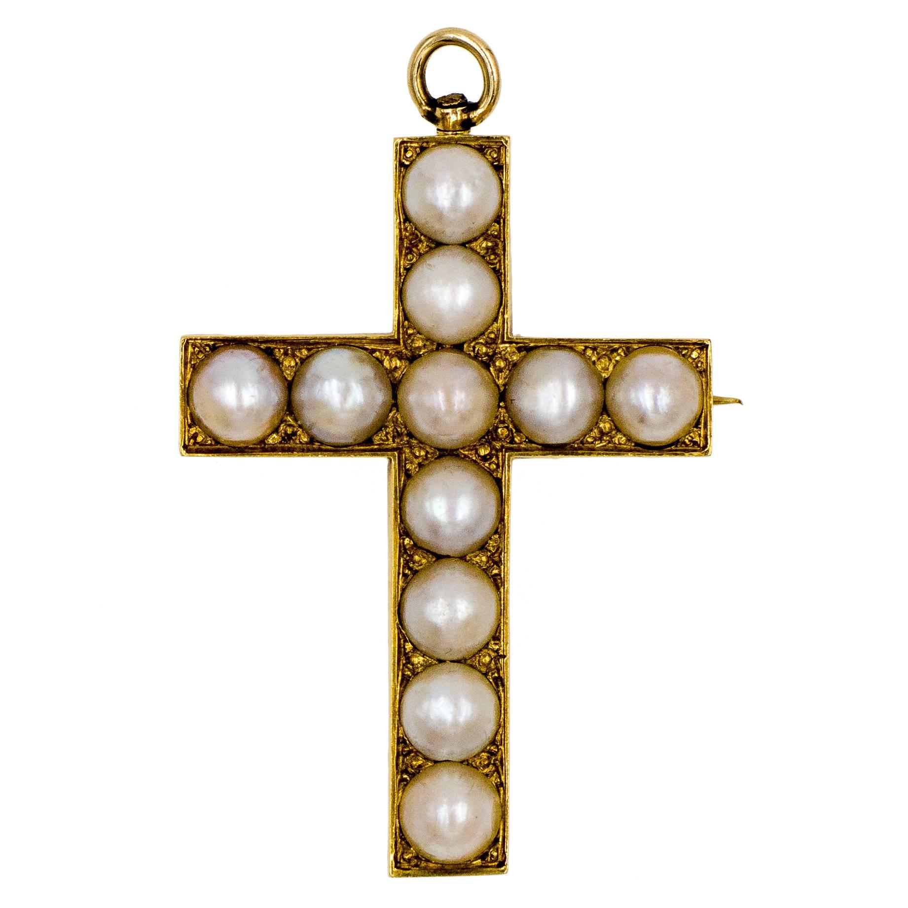 Elegant Gold and Pearl Antique Cross Pin/Pendant