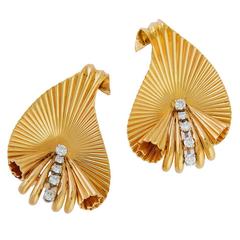 Pair of Retro Gold and Diamond Leaf Clips by Tiffany & Co