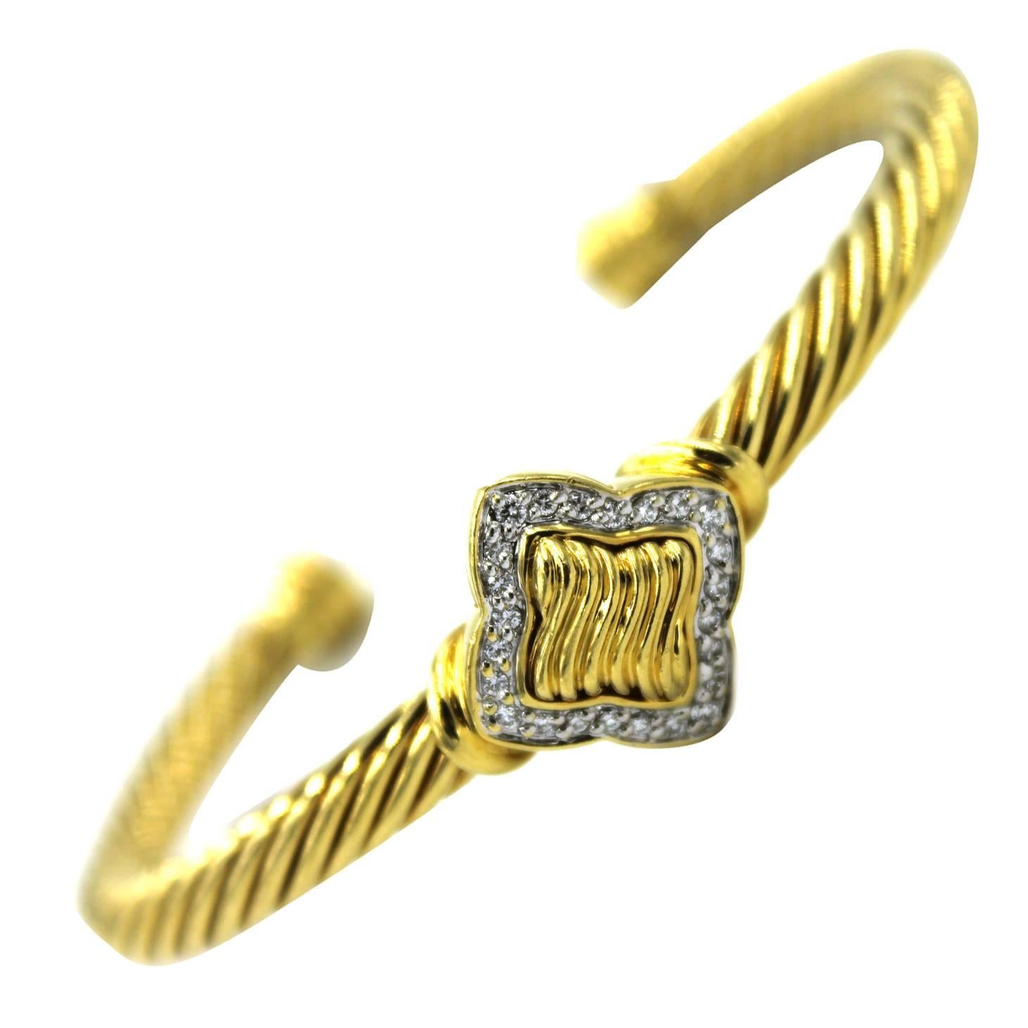David Yurman Diamond Gold Quatrefoil Cuff Bracelet