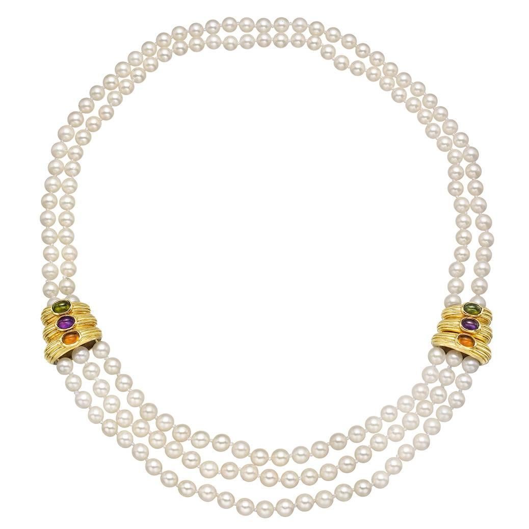 Multistrand Pearl Necklace with Gold and Gem-Set Panels