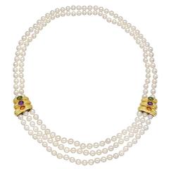 Multistrand Pearl Necklace with Gold and Gem-Set Panels