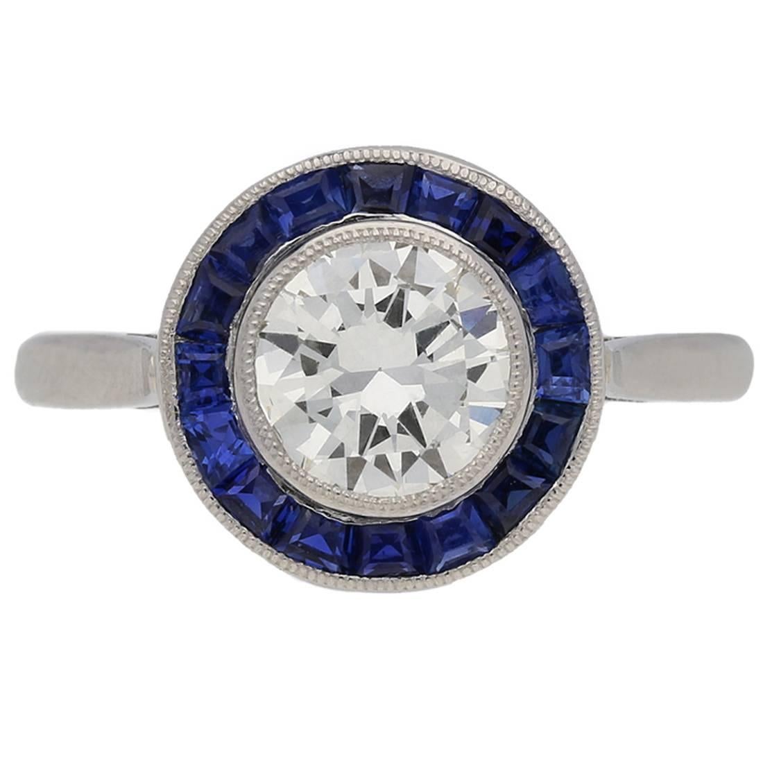 1915 english sapphire Diamond platinum target ring For Sale