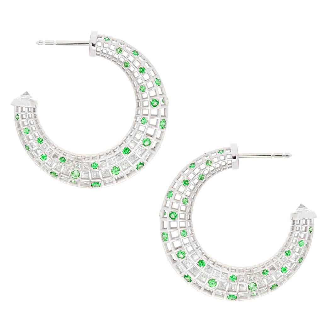 Roule & Co White Sapphire and Tsavorite Mini Crescent Hoop Earrings For Sale