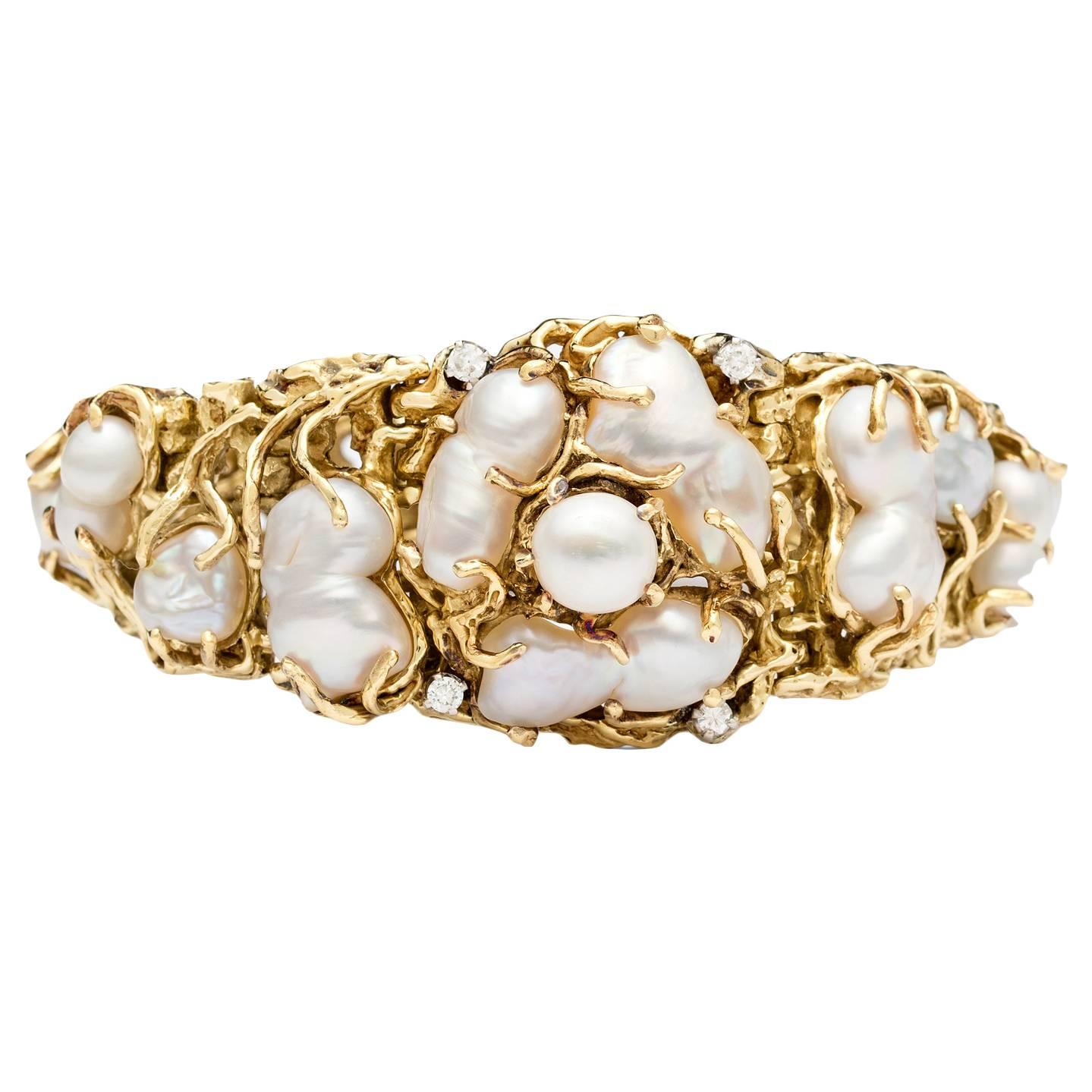 Vintage Baroque Pearl & Diamond Bracelet