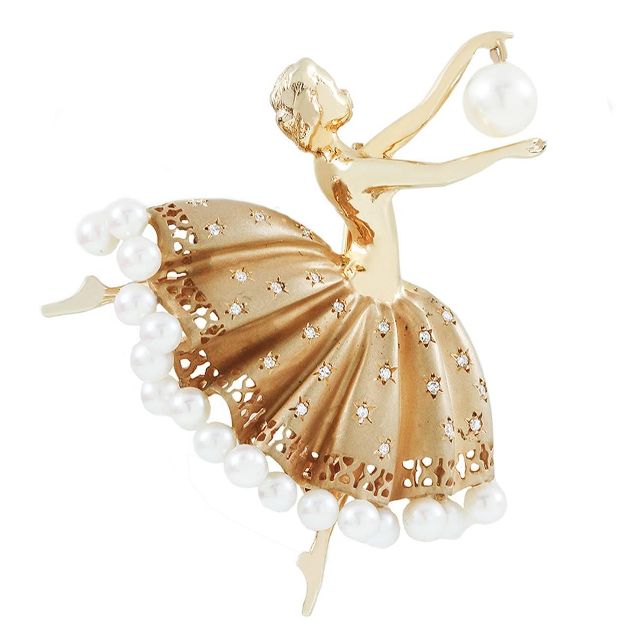 Tiffany & Co. Cultured Pearl Diamond Gold Ballerina Brooch  For Sale