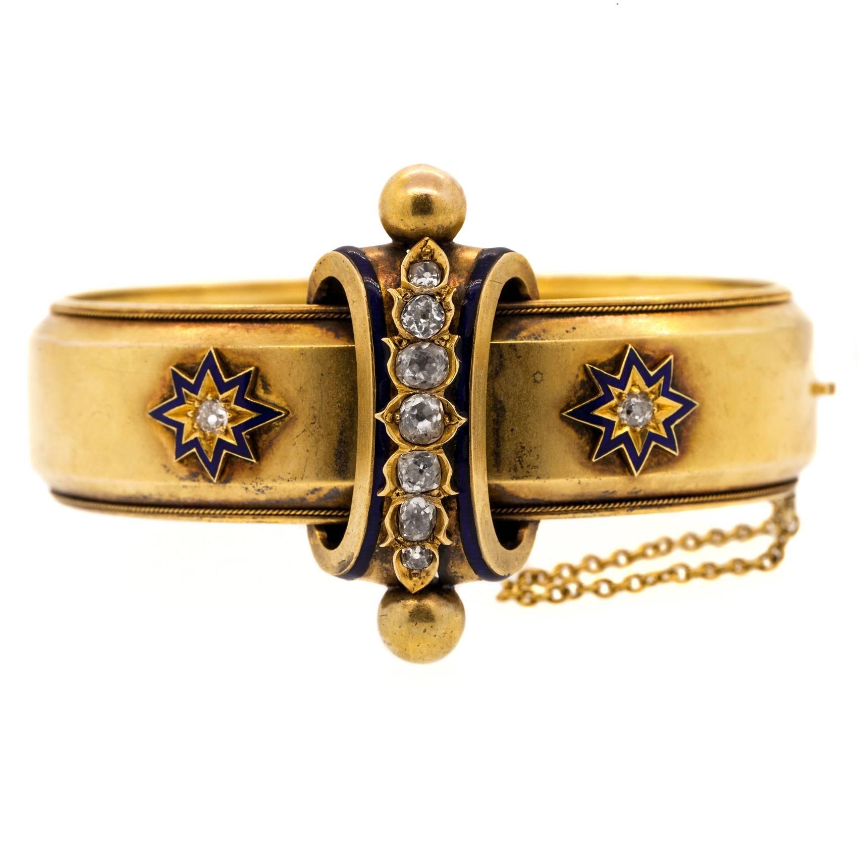 1880s Victorian Diamond & Enamel Gold Bangle