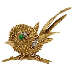 Emerald Diamond Gold Novelty Bird Brooch